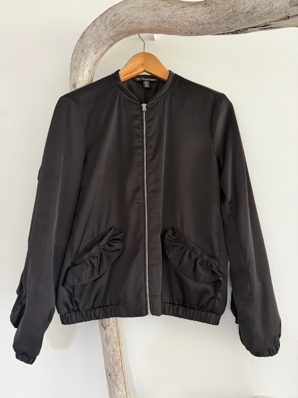 ZARA Black Zip Front Bomber Jacket with Ruffles